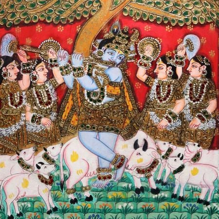 Vintage Lord Krishna Paper Painting in Tanjore Art
