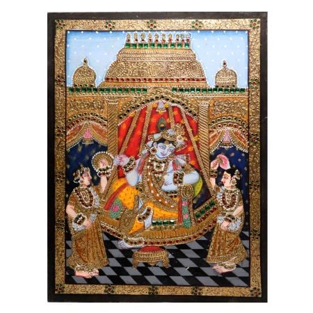 Beautiful Lord Krishna Paper Painting with Gopis in Tanjore Art