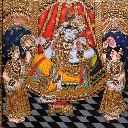 Beautiful Lord Krishna Paper Painting with Gopis in Tanjore Art