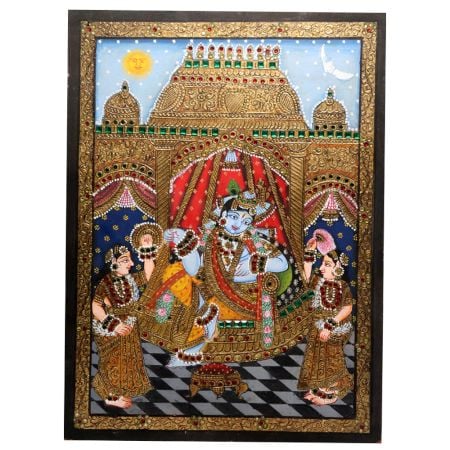 Lord Krishna Tanjore Art Paper Painting in Vintage Style