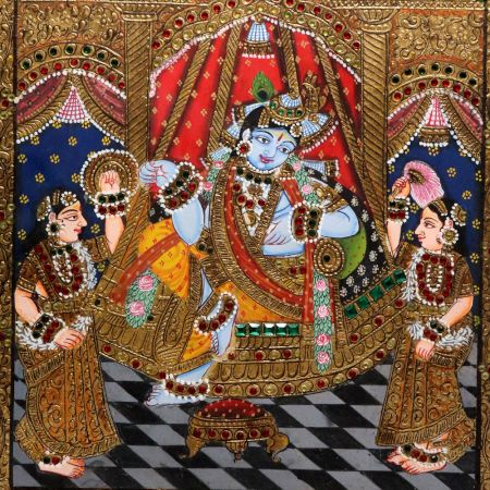 Lord Krishna Tanjore Art Paper Painting in Vintage Style