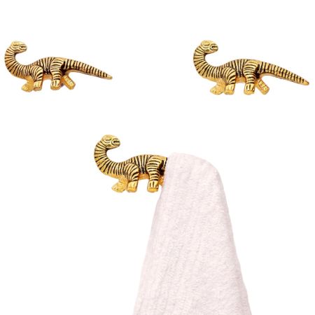 3 Pieces Dinosaur Aluminium Golden Heavy Duty Wall Hook