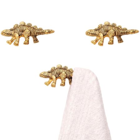 3 Pieces Dinosaur Aluminium Golden Heavy Duty Wall Hook