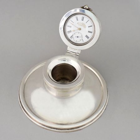 Vintage Handcrafted Silver Inkwell with Detachable Watch