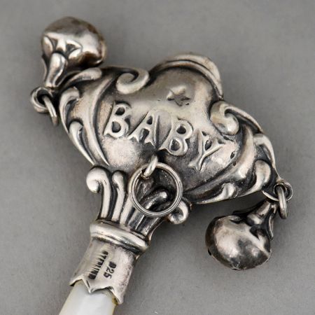 Handcrafted Sterling Silver Baby Whistle Rattle with Bells