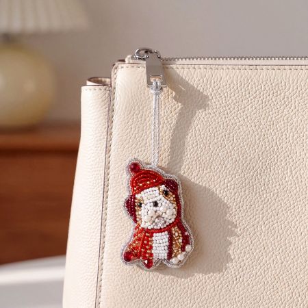Decorative Handmade Bulldog with Santa Hat Bag Charm