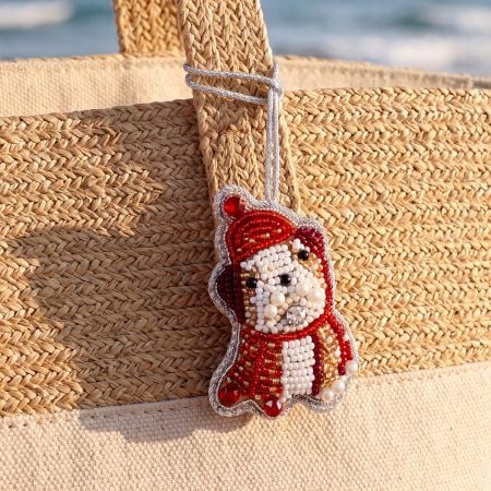 Decorative Handmade Bulldog with Santa Hat Bag Charm
