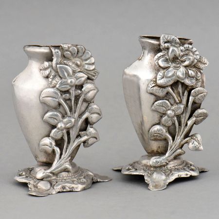 Handcrafted Antique Silver Floral Bud Vases Pair